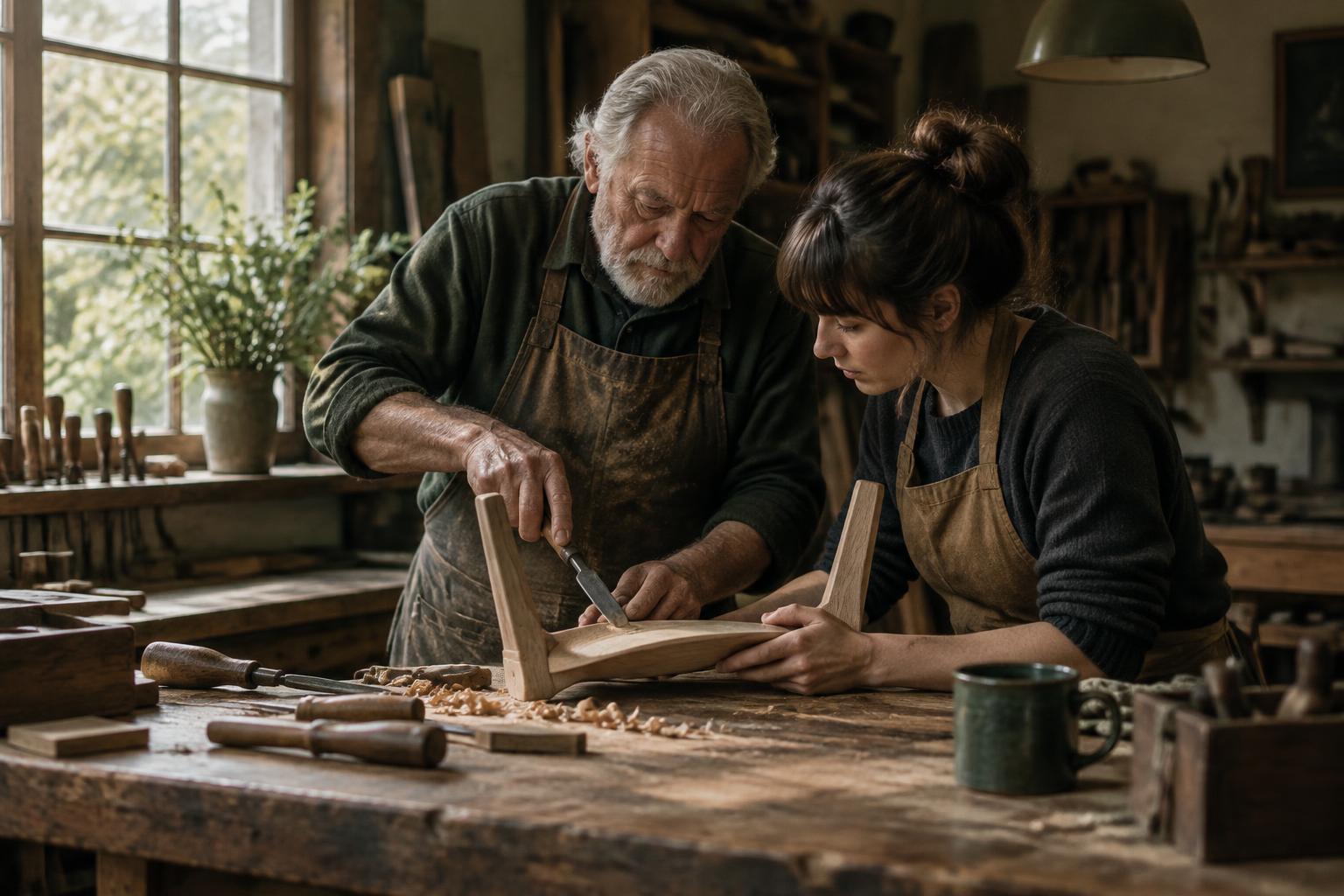 An experienced craftsperson passing practical knowledge to the next generation